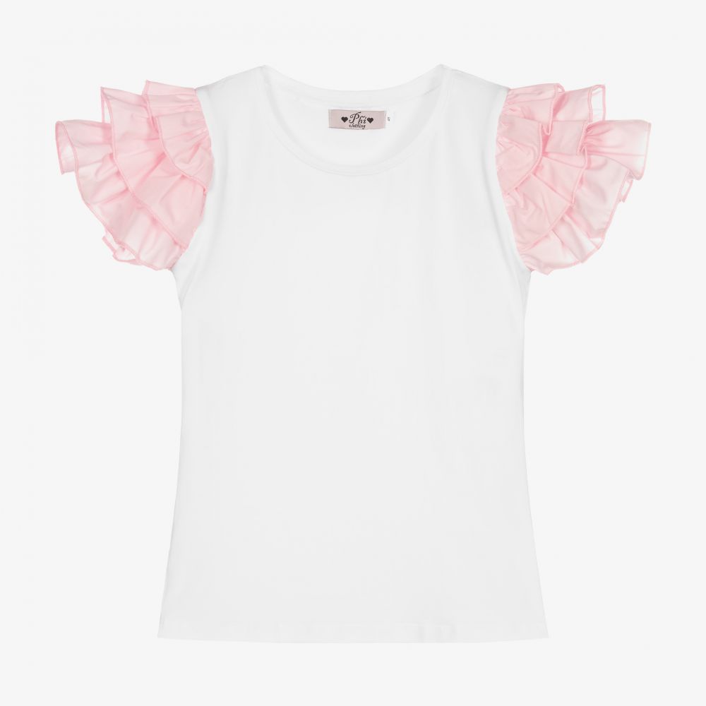 Phi Clothing-White Ruffle Cotton T-Shirt | Childrensalon Outlet