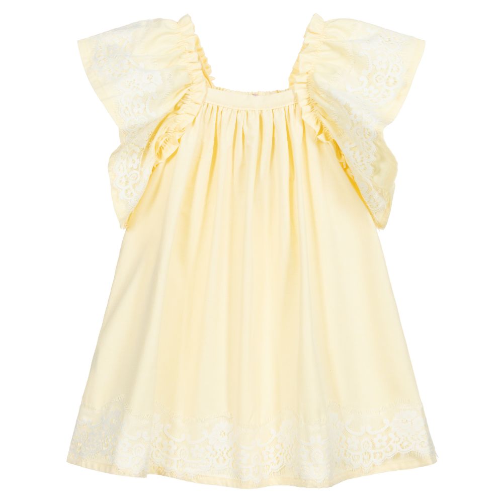 Phi Clothing - فستان بولي قطن و دانتيل لون أصفر و أبيض | Childrensalon