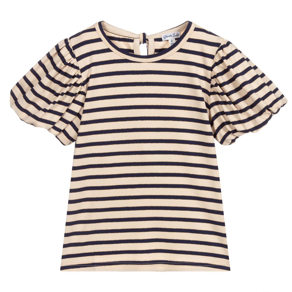 Piccola Ludo - Blue & Beige Striped T-Shirt | Childrensalon