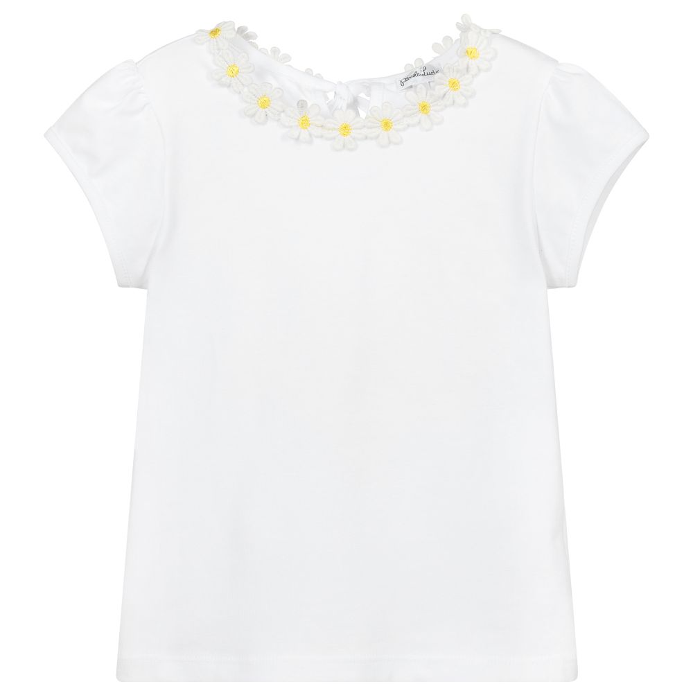 Piccola Ludo - Girls White Cotton T-Shirt | Childrensalon