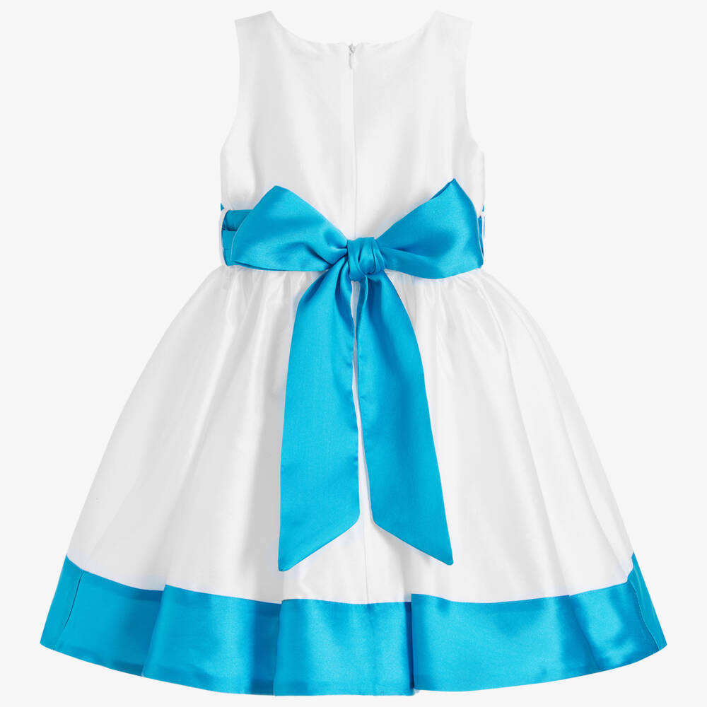 Piccola Ludo-Girls White & Turquoise Satin Dress | Childrensalon Outlet