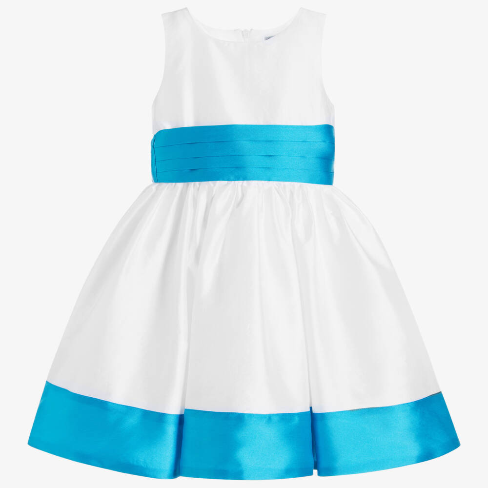 Piccola Ludo-Girls White & Turquoise Satin Dress | Childrensalon Outlet