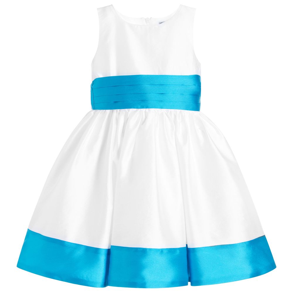Piccola Ludo - Girls White & Turquoise Satin Dress | Childrensalon