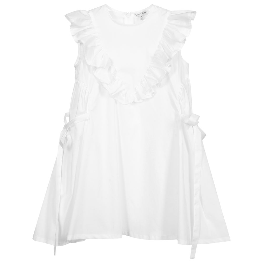 Piccola Ludo - فستان قطن خفيف لون أبيض مزين بكشكش | Childrensalon