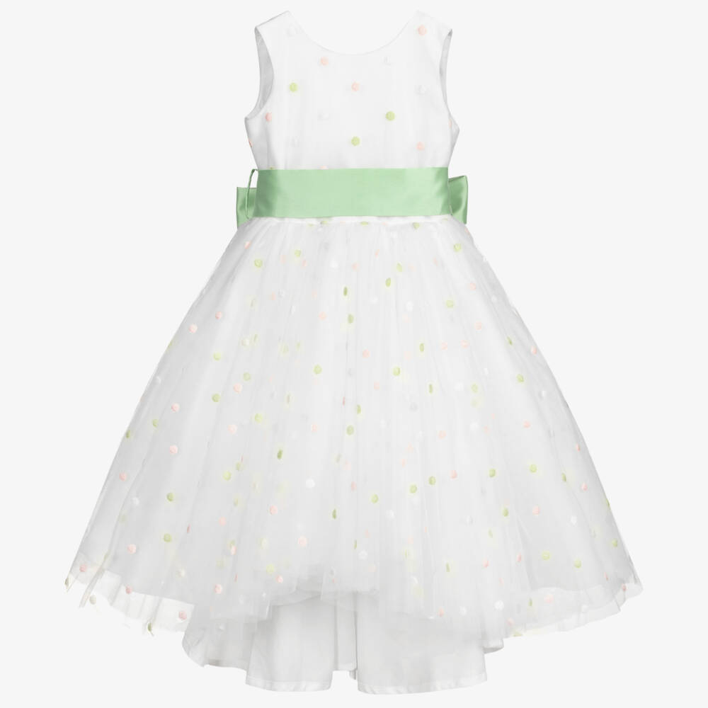 Piccola Ludo-White & Green Tulle Dress | Childrensalon Outlet
