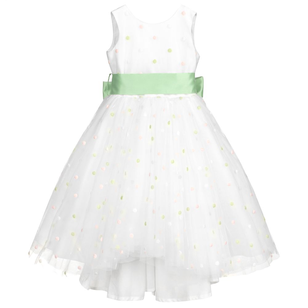 Piccola Ludo - White & Green Tulle Dress | Childrensalon
