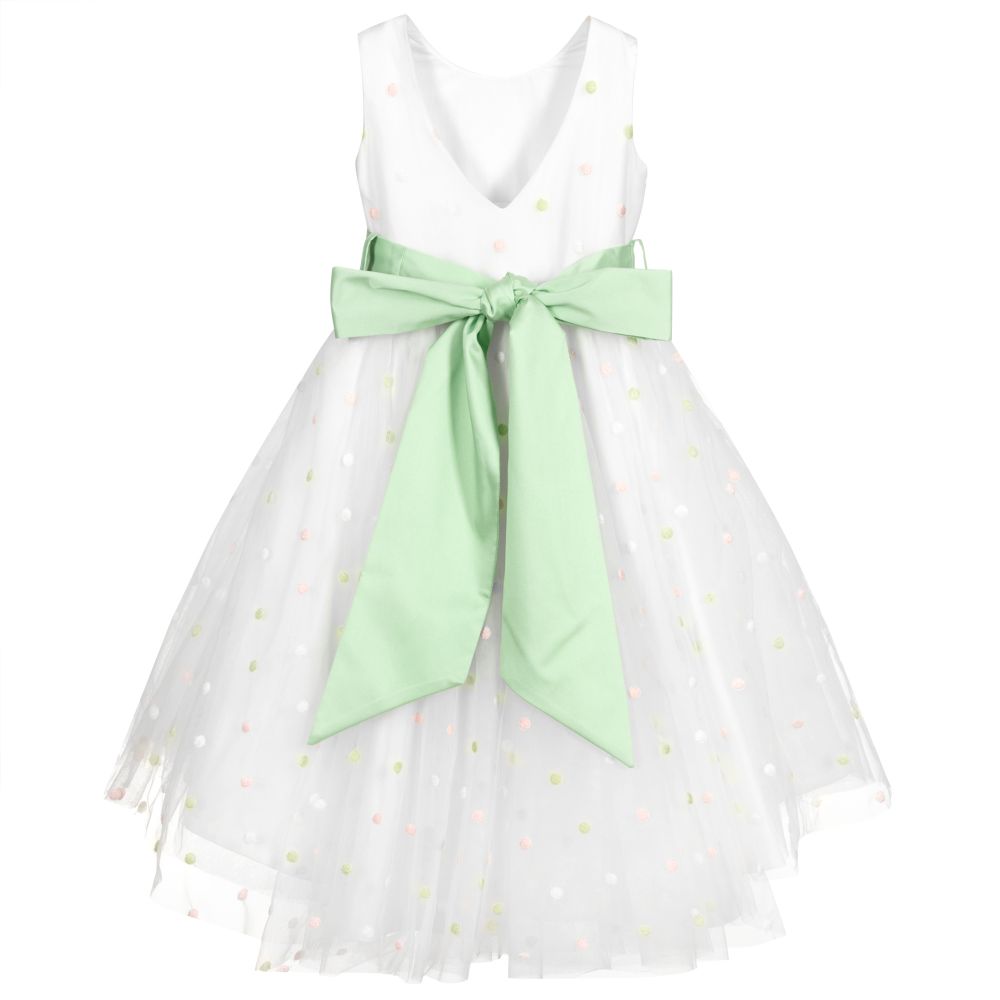 Piccola Ludo-White & Green Tulle Dress | Childrensalon Outlet