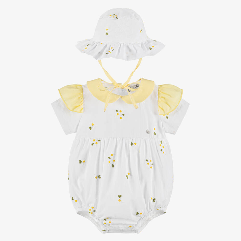 Piccola Speranza-Baby Girls White Cotton Shortie Set with Embroidered Daisies | Childrensalon Outlet