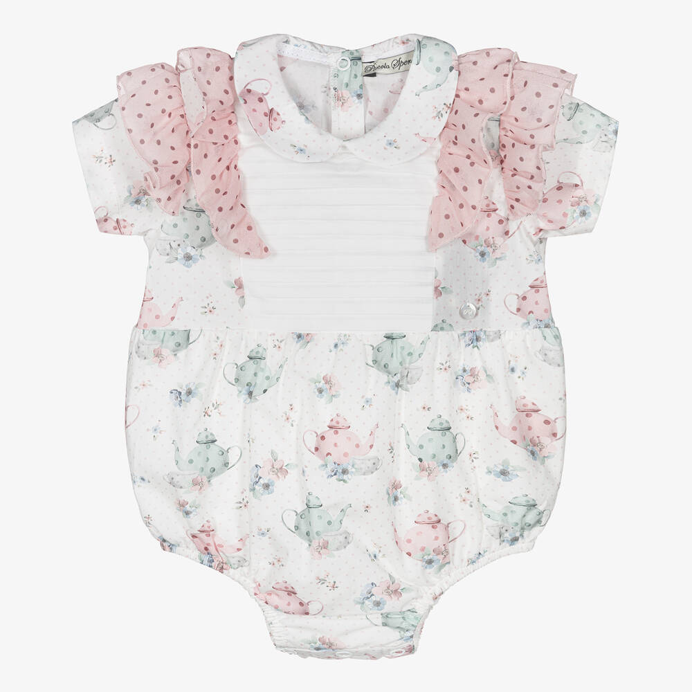 Piccola Speranza - Baby Girls White & Pink Cotton Shortie | Childrensalon