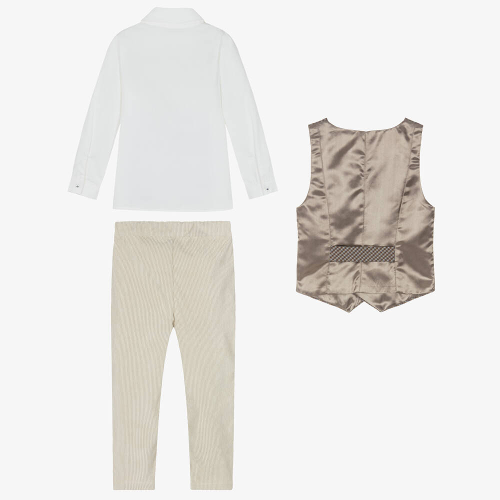 Piccola Speranza-Boys Beige Corduroy Trouser Suit with Bow Tie & Waistcoat | Childrensalon Outlet