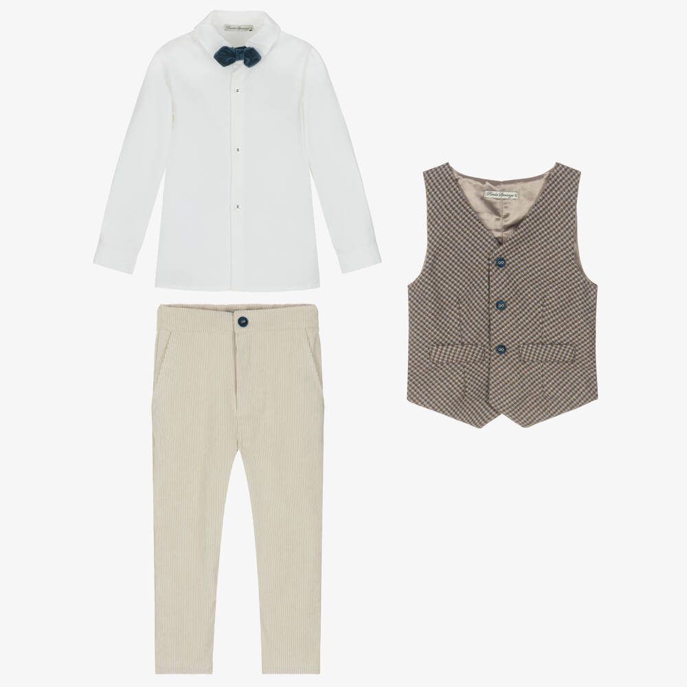 Piccola Speranza-Boys Beige Corduroy Trouser Suit with Bow Tie & Waistcoat | Childrensalon Outlet