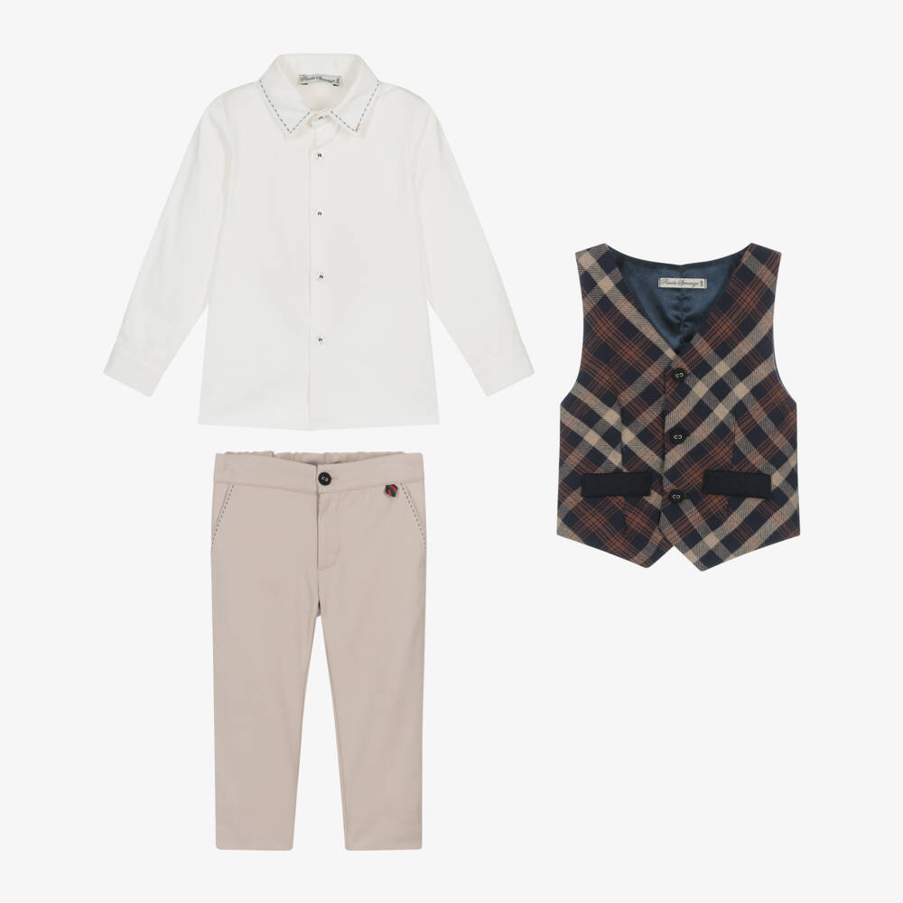 بيكولا سبيرانزا-طقم بنطلون وجيليه كاروهات لون بيج | Childrensalon Outlet