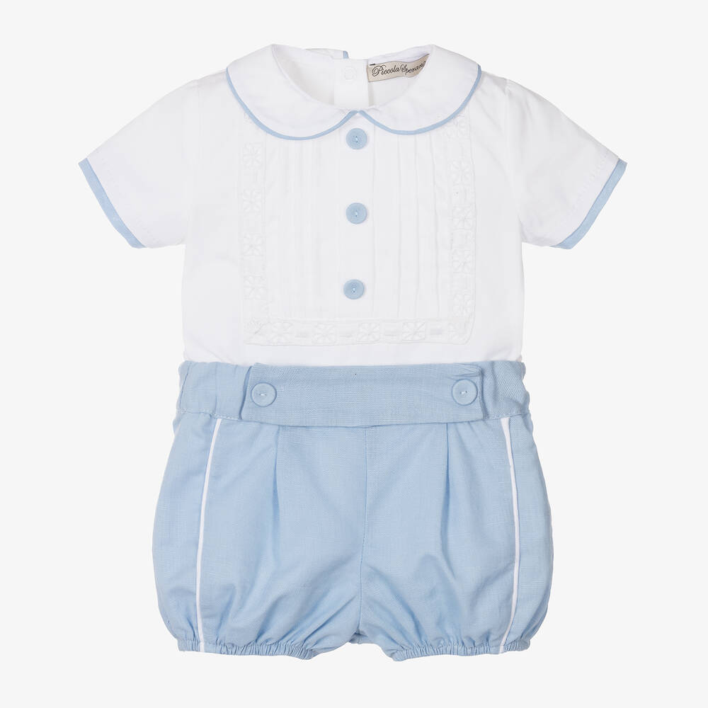 Piccola Speranza-Boys Blue Cotton & Linen Shorts Set | Childrensalon Outlet