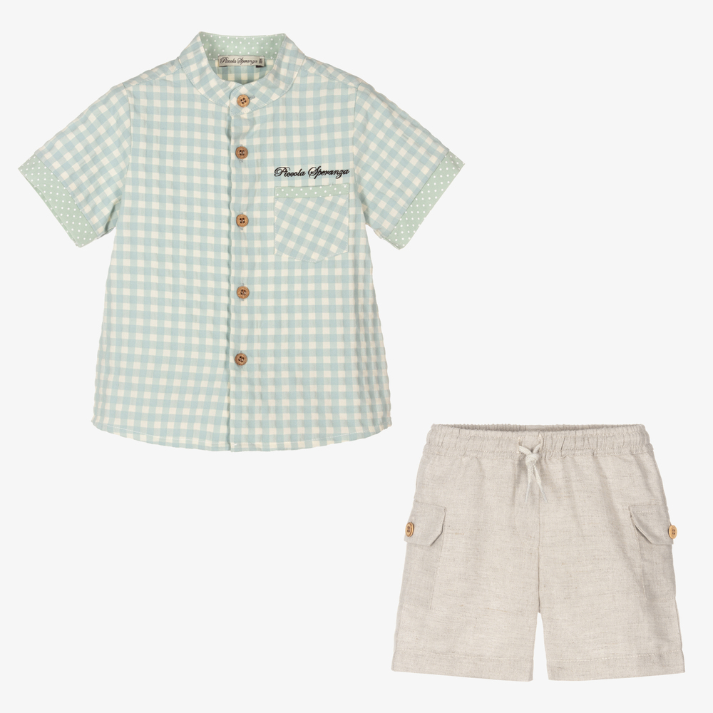 Piccola Speranza-طقم شورت أطفال ولادي مزيج قطن وكتان لون بيج وأخضر | Childrensalon Outlet