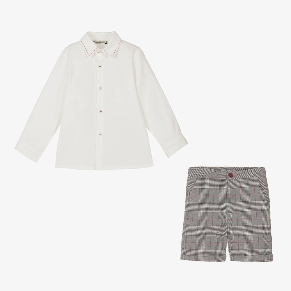 Piccola Speranza-طقم شورت كاروهات لون رمادي وعاجي للأولاد | Childrensalon Outlet