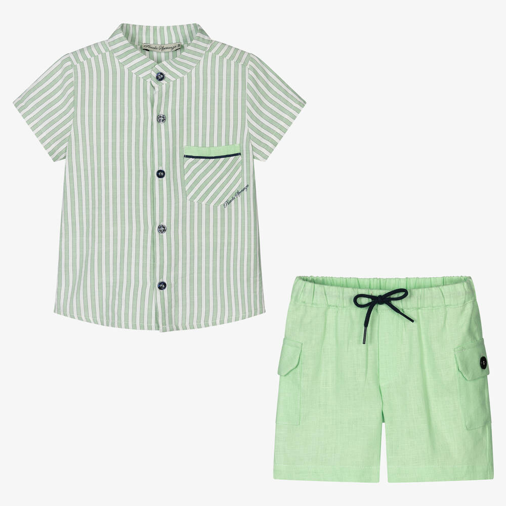 Piccola Speranza-Boys Green Cotton & Linen Shorts Set | Childrensalon Outlet