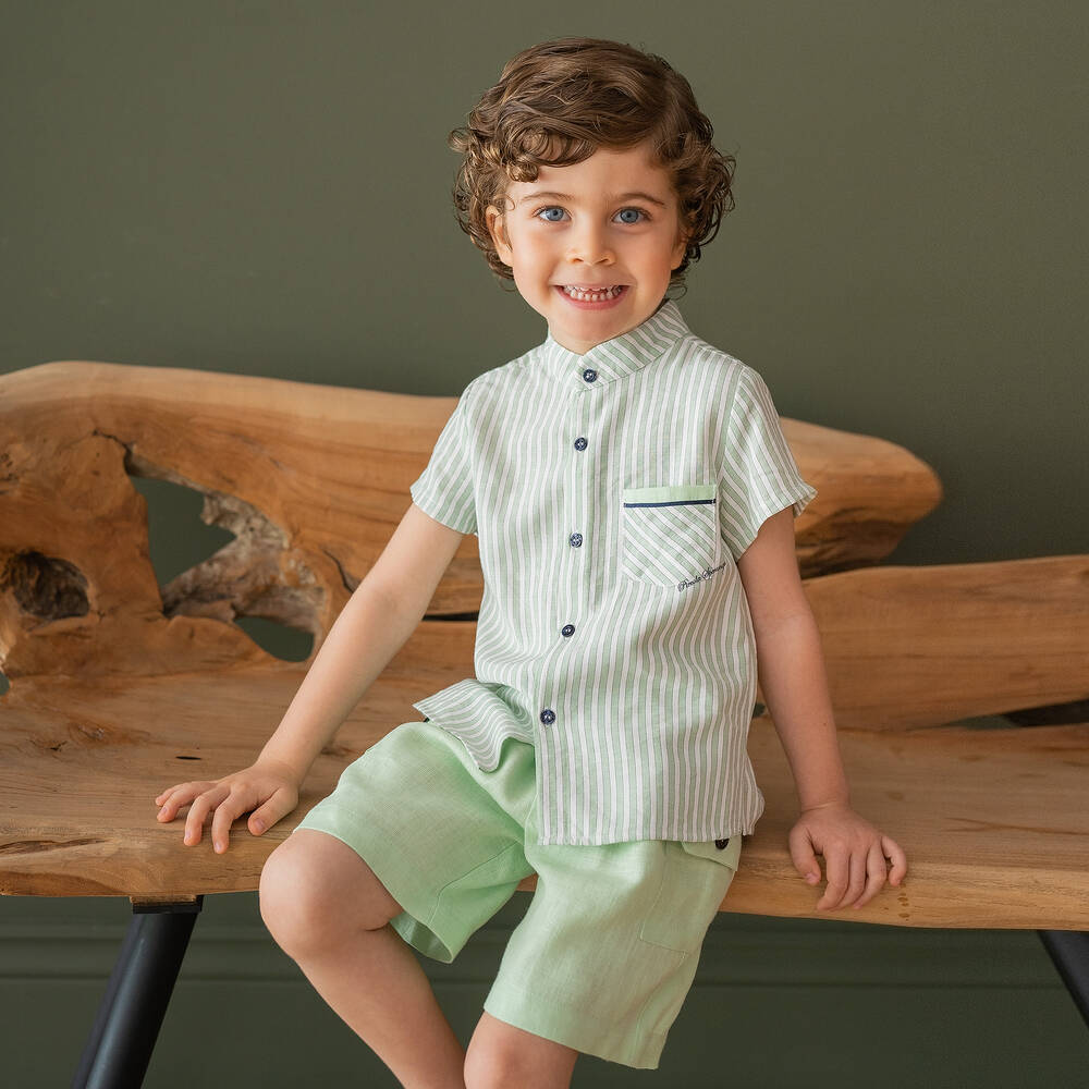Piccola Speranza-Boys Green Cotton & Linen Shorts Set | Childrensalon Outlet