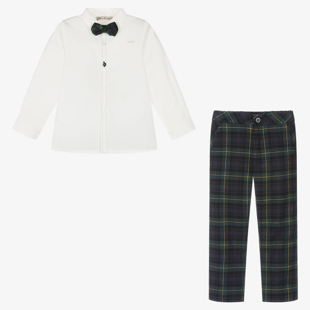 Piccola Speranza-طقم بنطلون قطن بوبلين تارتان لون أخضر للأولاد | Childrensalon Outlet