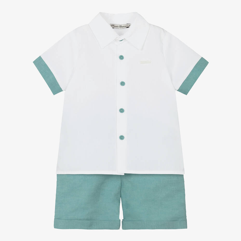 Piccola Speranza-Boys Green & White Linen Shorts Set | Childrensalon Outlet