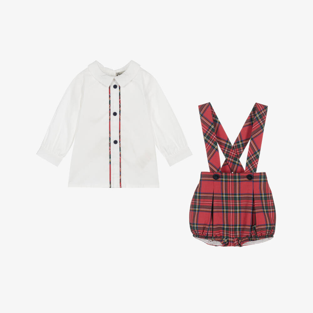 Piccola Speranza-Boys Ivory Red Tartan Shorts Set | Childrensalon Outlet