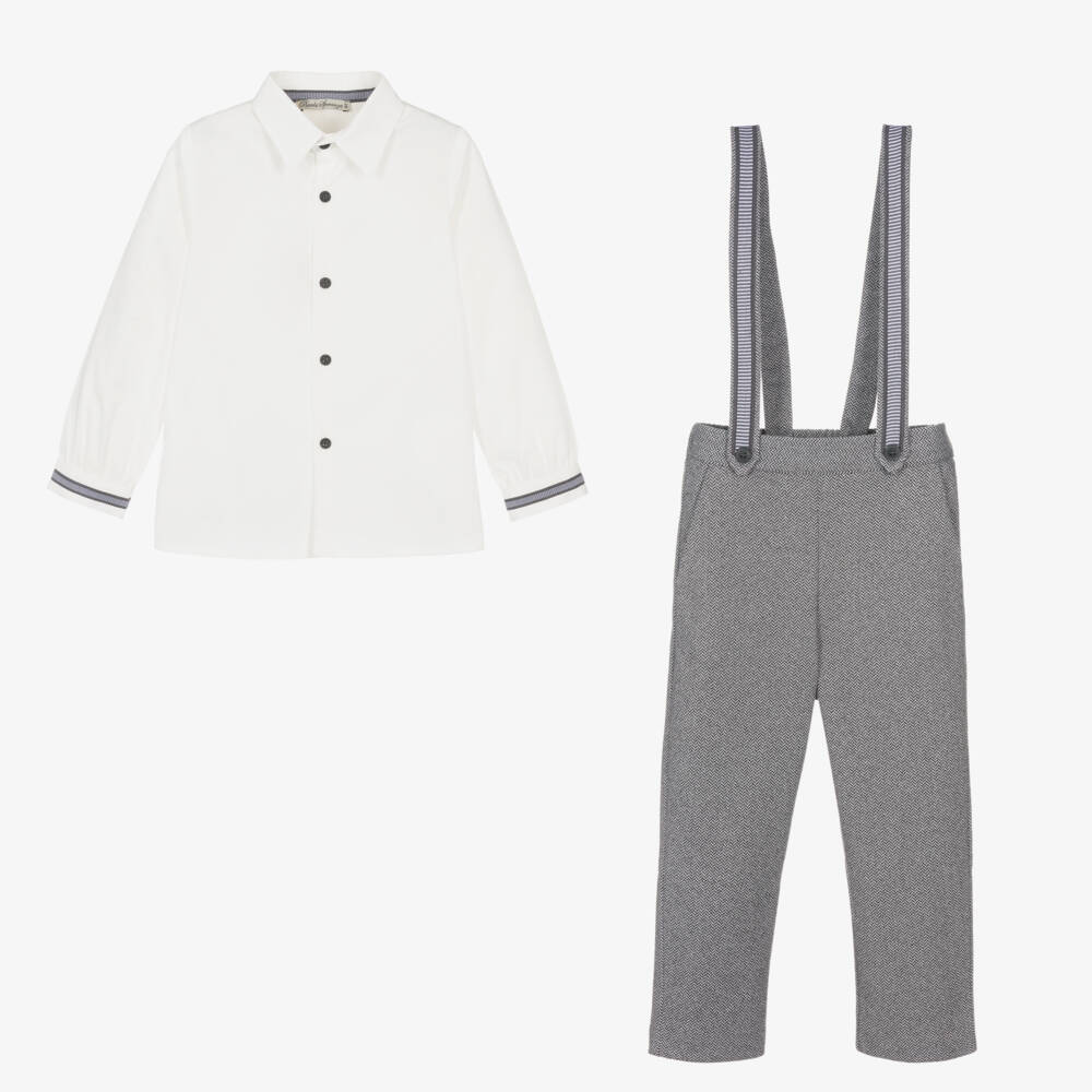 Piccola Speranza-طقم بنطلون وقميص نسيج قطن لون رمادي وأبيض للأولاد | Childrensalon Outlet