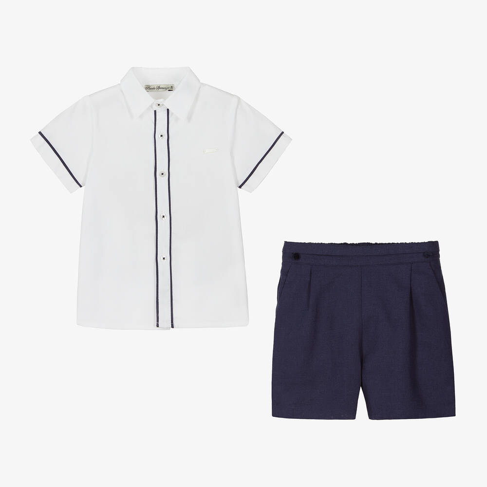 Piccola Speranza-طقم شورت قطن وكتان لون أبيض وكحلي للأولاد | Childrensalon Outlet
