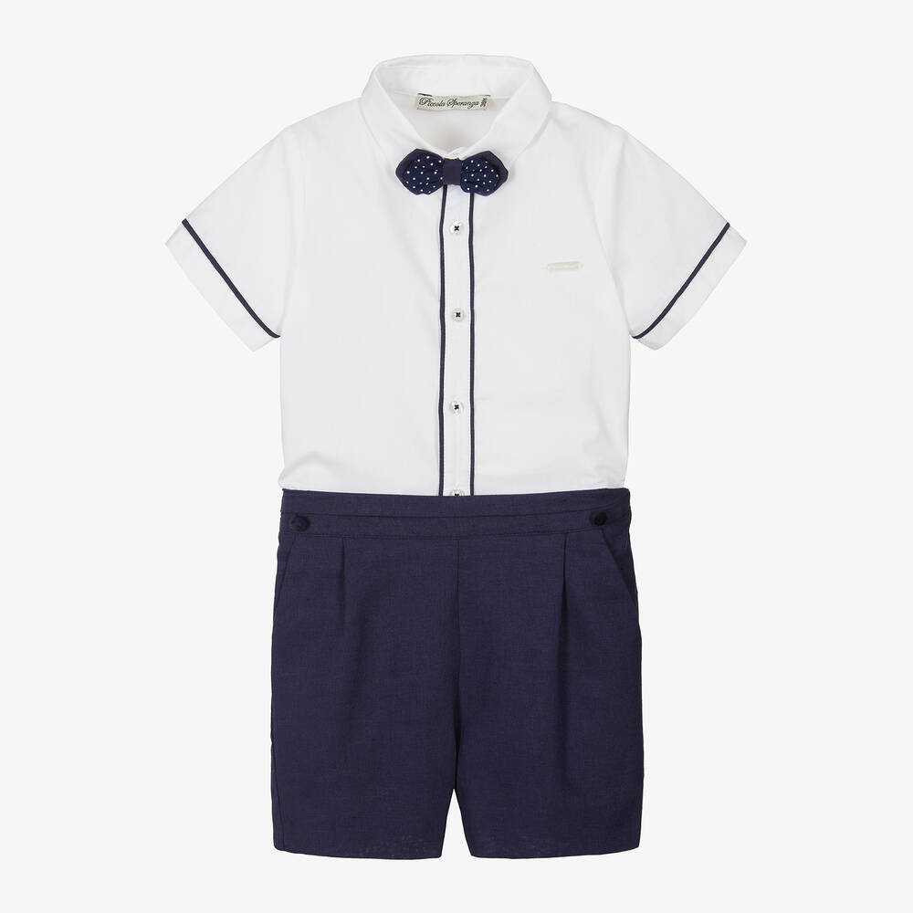 Piccola Speranza-Boys Navy Blue Cotton & Linen Shorts Set | Childrensalon Outlet