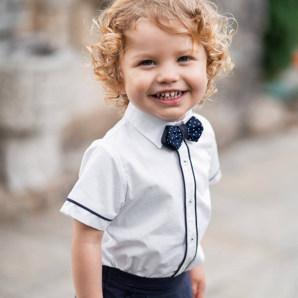 Piccola Speranza-طقم شورت قطن وكتان لون أبيض وكحلي للأولاد | Childrensalon Outlet