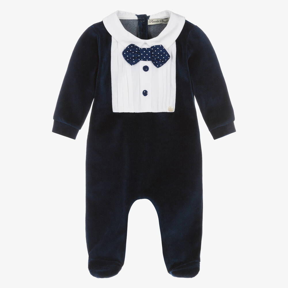 Piccola Speranza-Boys Navy Blue Velour Bow Tie Babygrow | Childrensalon Outlet