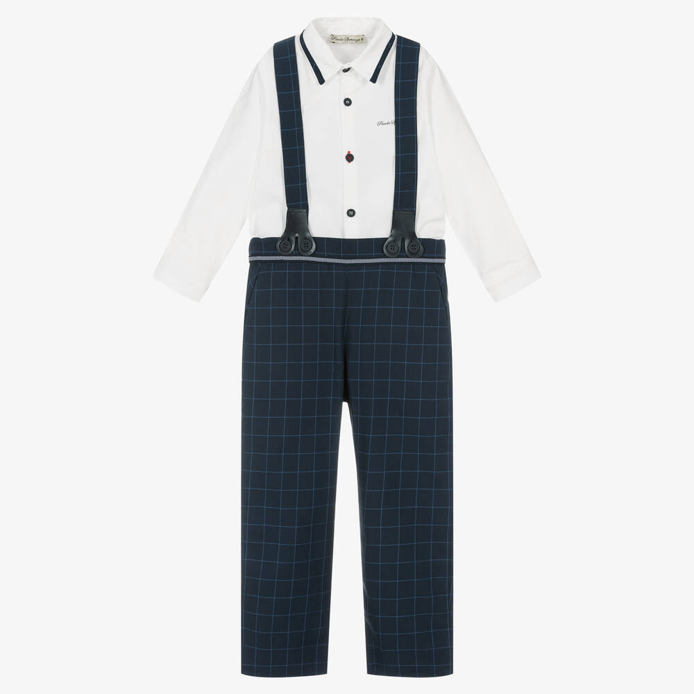 Piccola Speranza - Boys Navy Blue & White Trouser Set  | Childrensalon