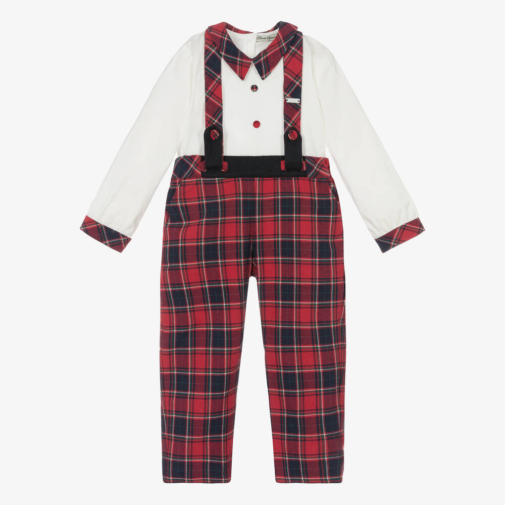 Piccola Speranza - Boys Red Tartan Cotton Trouser Set | Childrensalon