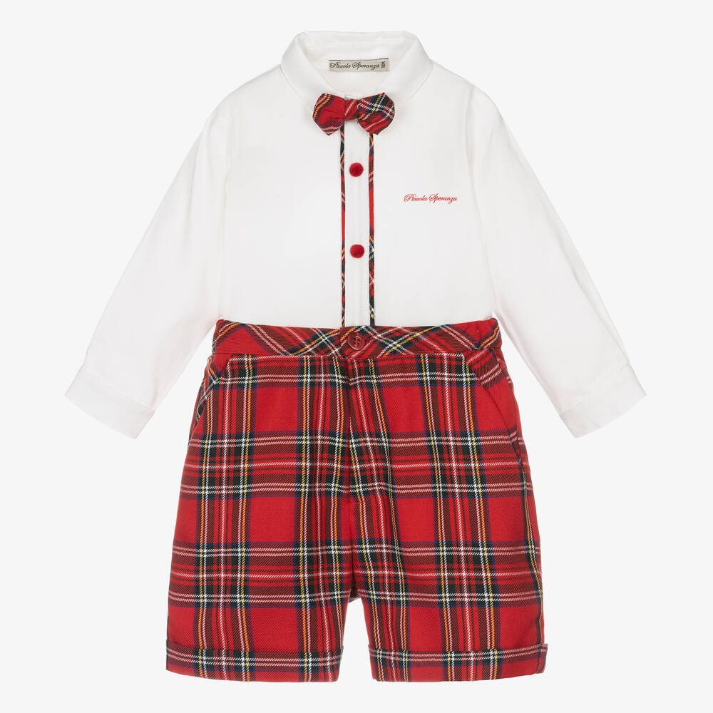 Piccola Speranza - Boys Red Tartan Shorts Set | Childrensalon