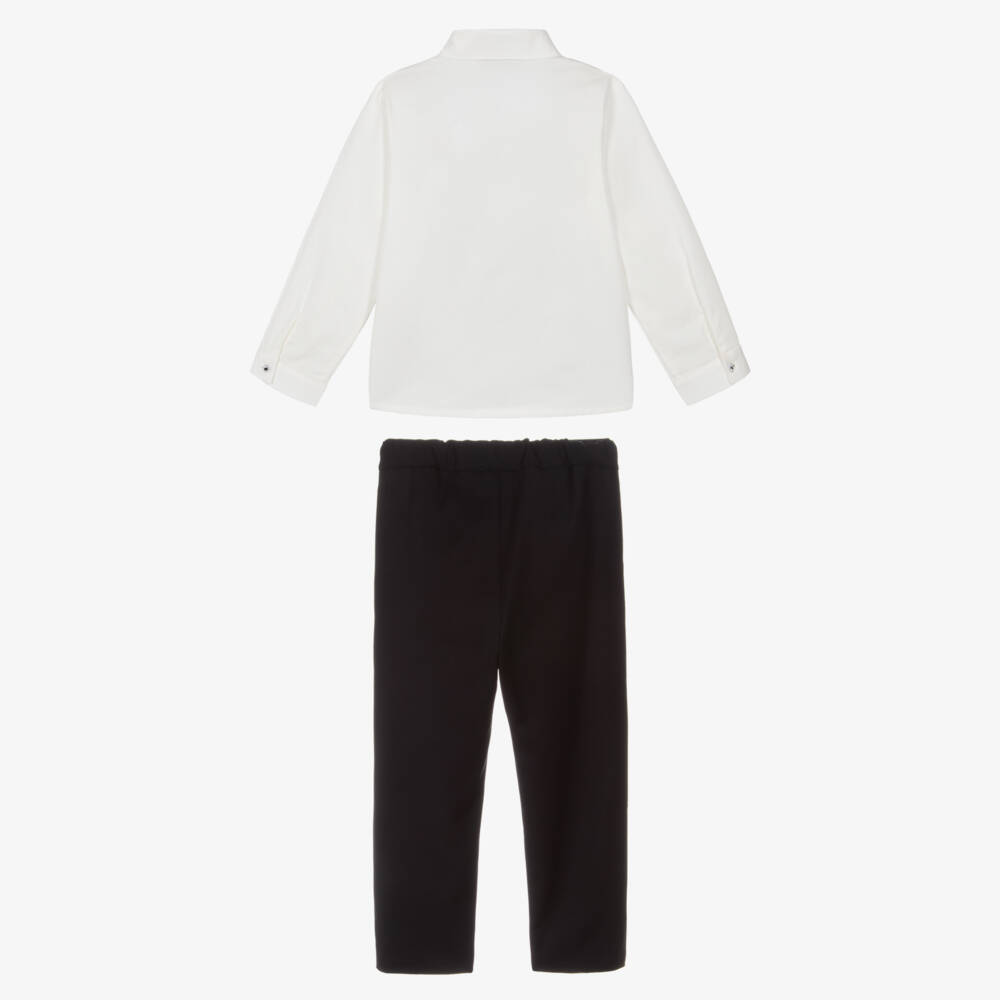 Piccola Speranza-Boys White & Navy Blue Trouser Set with Tartan Bow Tie | Childrensalon Outlet