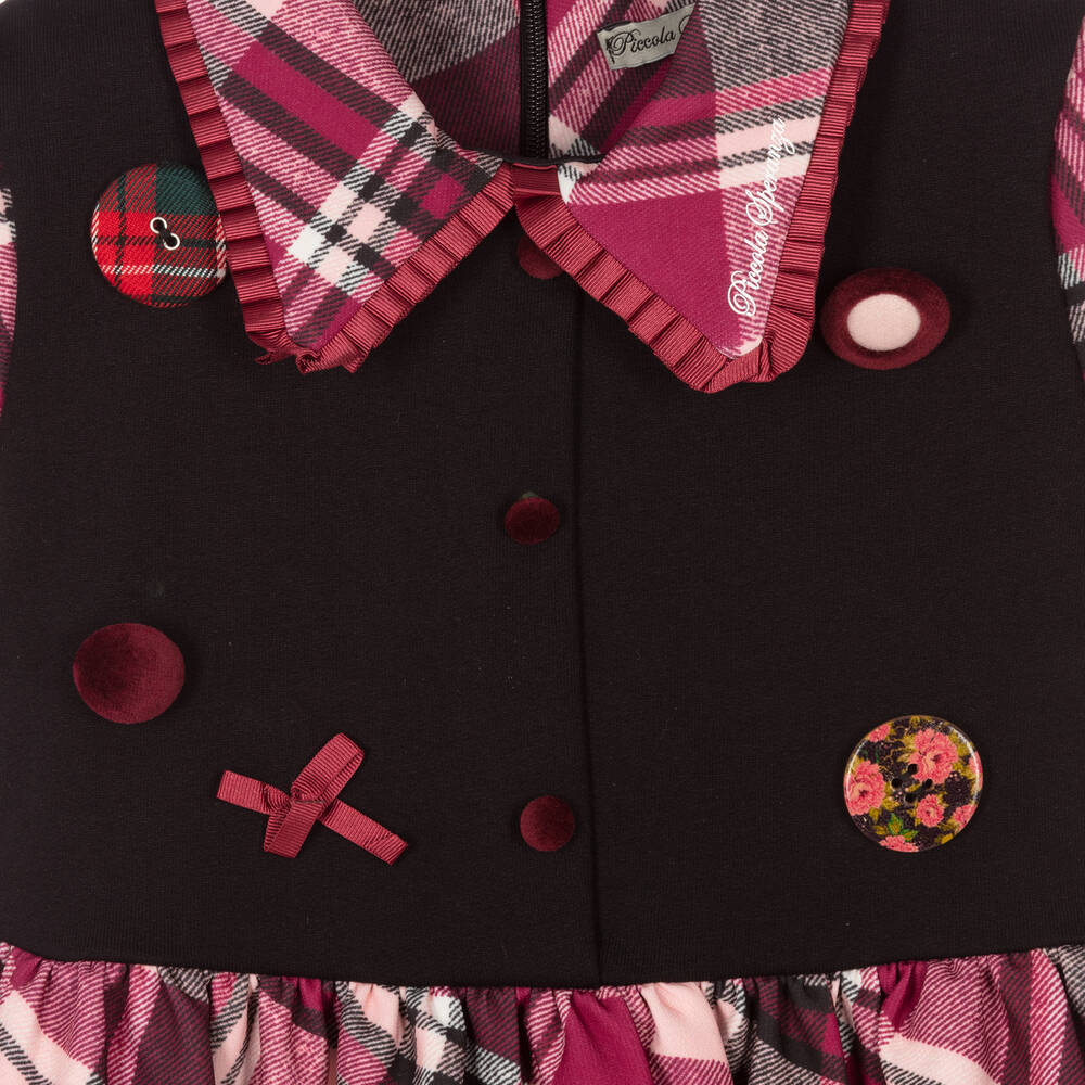 Piccola Speranza-فستان جيرسي تويل تارتان لون أحمر برغندي وأسود | Childrensalon Outlet