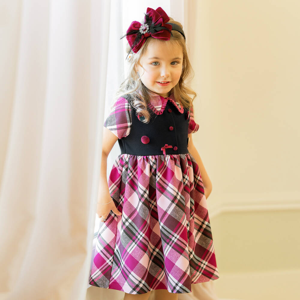 Piccola Speranza-فستان جيرسي تويل تارتان لون أحمر برغندي وأسود | Childrensalon Outlet