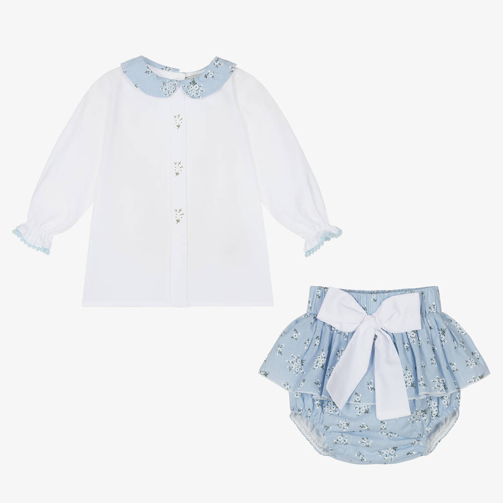 Piccola Speranza-طقم شورت أطفال بناتي قطن لون أزرق بطبعة ورود | Childrensalon Outlet