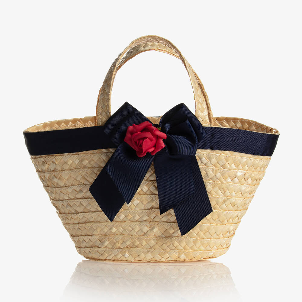 Piccola Speranza - Girls Beige & Blue Straw Handbag (31cm) | Childrensalon