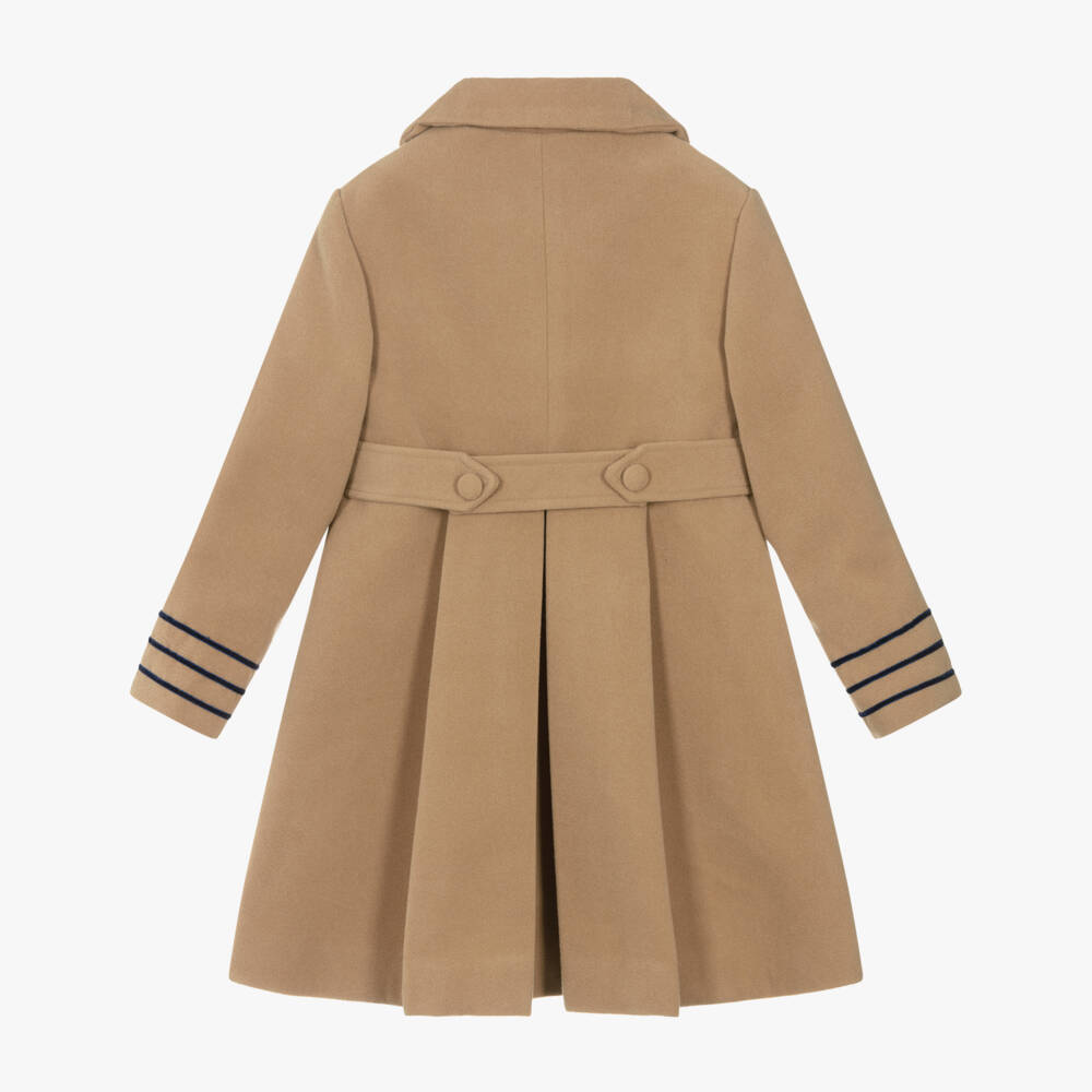 Piccola Speranza-Girls Beige Felted Coat with Navy Blue Trim | Childrensalon Outlet
