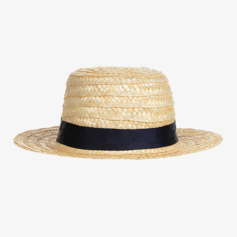 Piccola Speranza - Girls Beige & Navy Blue Straw Hat | Childrensalon