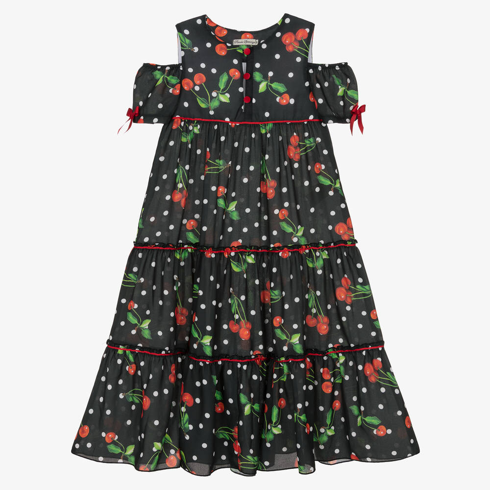 Piccola Speranza - Черное многоярусное платье с вишнями | Childrensalon