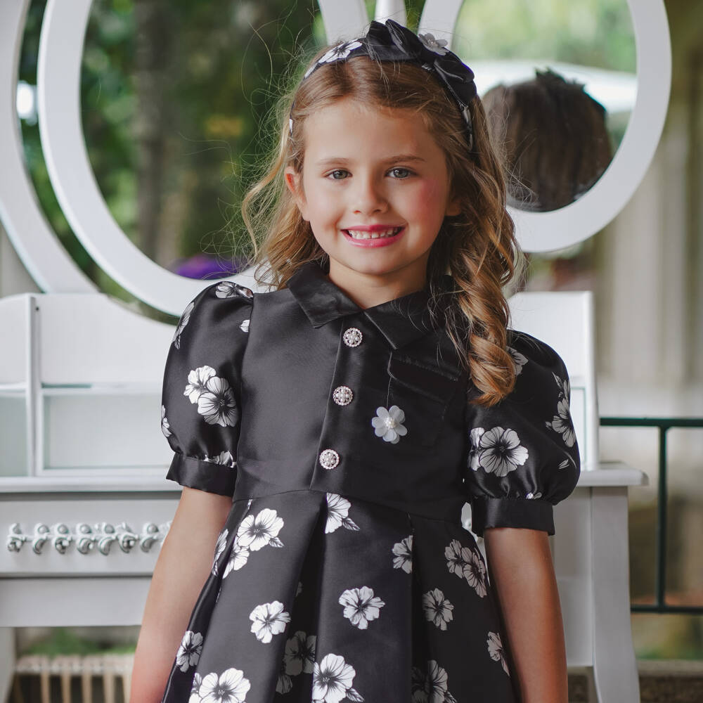 Piccola Speranza-Girls Black Floral Satin Dress | Childrensalon Outlet