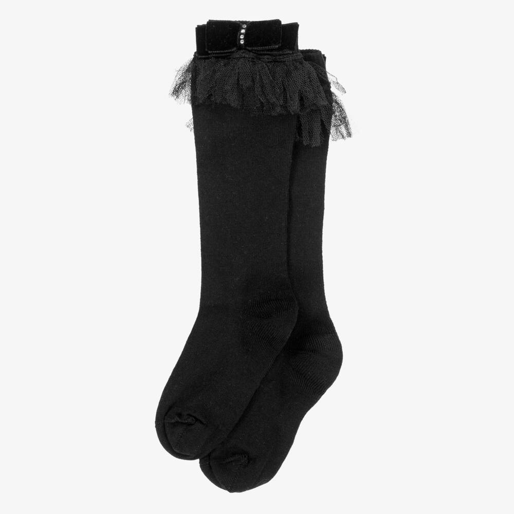 Piccola Speranza-Girls Black Socks with Diamanté Velvet Bows & Tulle Trims | Childrensalon Outlet
