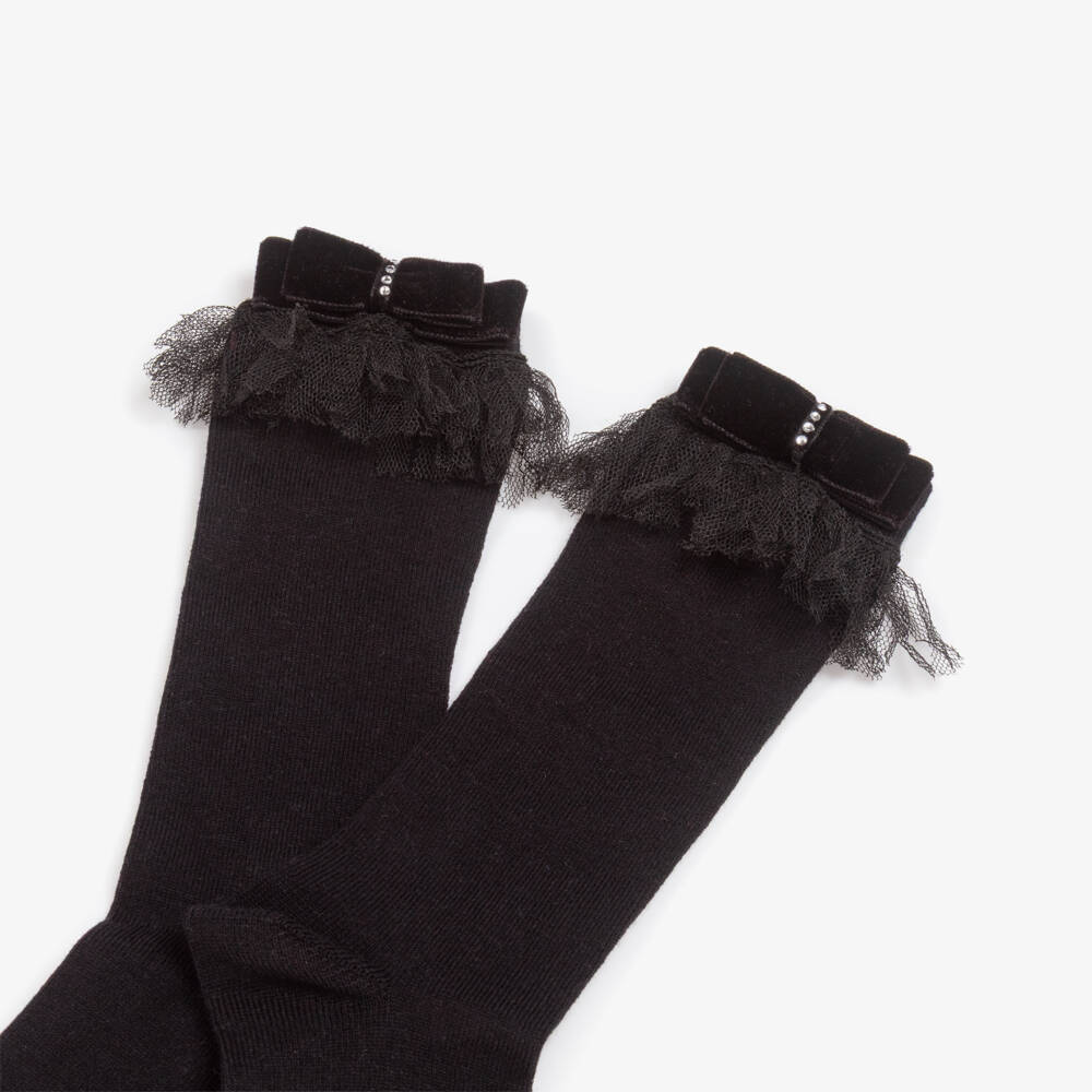 Piccola Speranza-Girls Black Socks with Diamanté Velvet Bows & Tulle Trims | Childrensalon Outlet