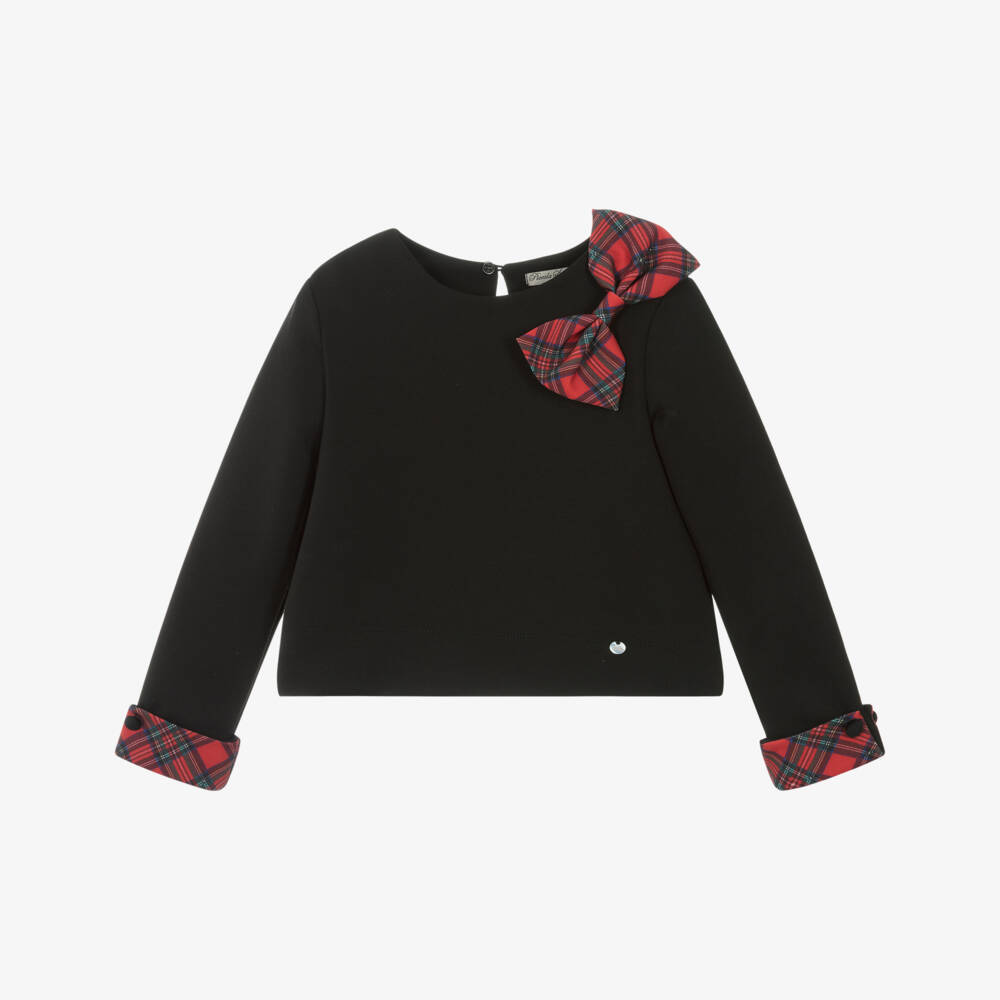Piccola Speranza-Girls Black Tartan Bow Top | Childrensalon Outlet