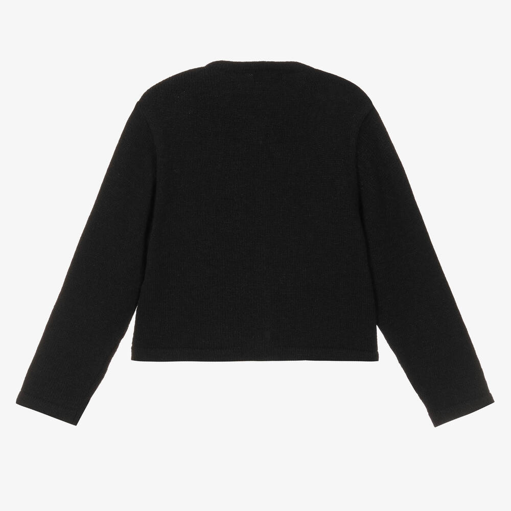 Piccola Speranza-Girls Black Wool & Feather Bow Cardigan | Childrensalon Outlet
