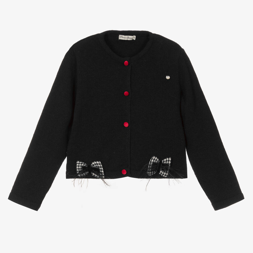 Piccola Speranza Girls Black Wool Feather Bow Cardigan Childrensalon Outlet