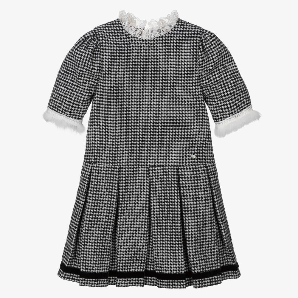 Piccola Speranza-Girls Black Wool Houndstooth Dress | Childrensalon Outlet