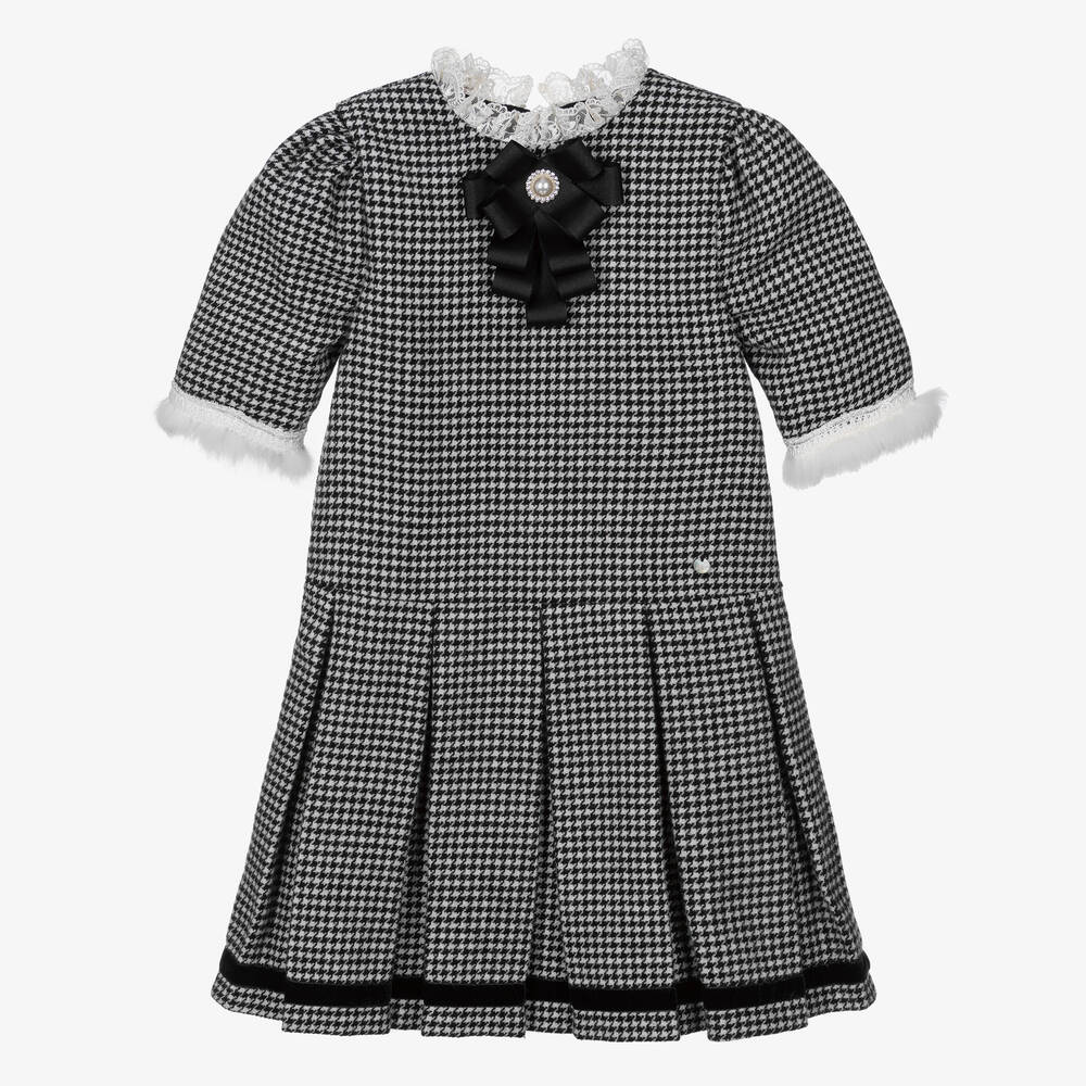 Piccola Speranza - Girls Black Wool Houndstooth Dress | Childrensalon
