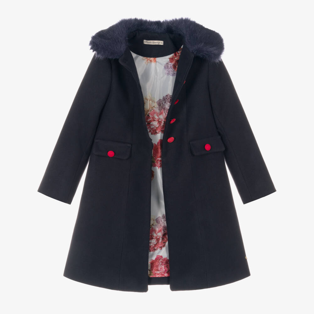 Piccola Speranza-Girls Blue Coat with Faux Fur | Childrensalon Outlet