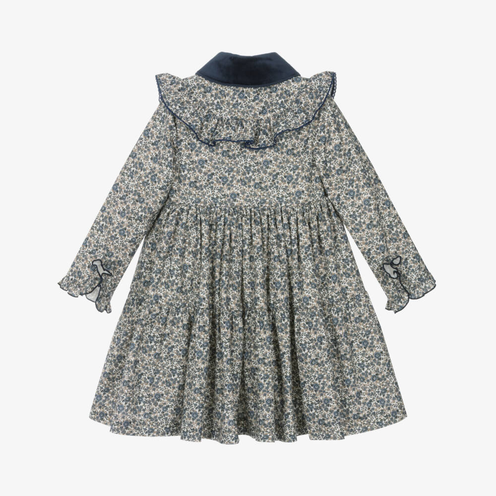 Piccola Speranza-Girls Blue Floral Cotton Dress with Velvet Collar | Childrensalon Outlet